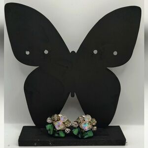 Vintage Givre Glass Earrings Green Black Rhinestone.